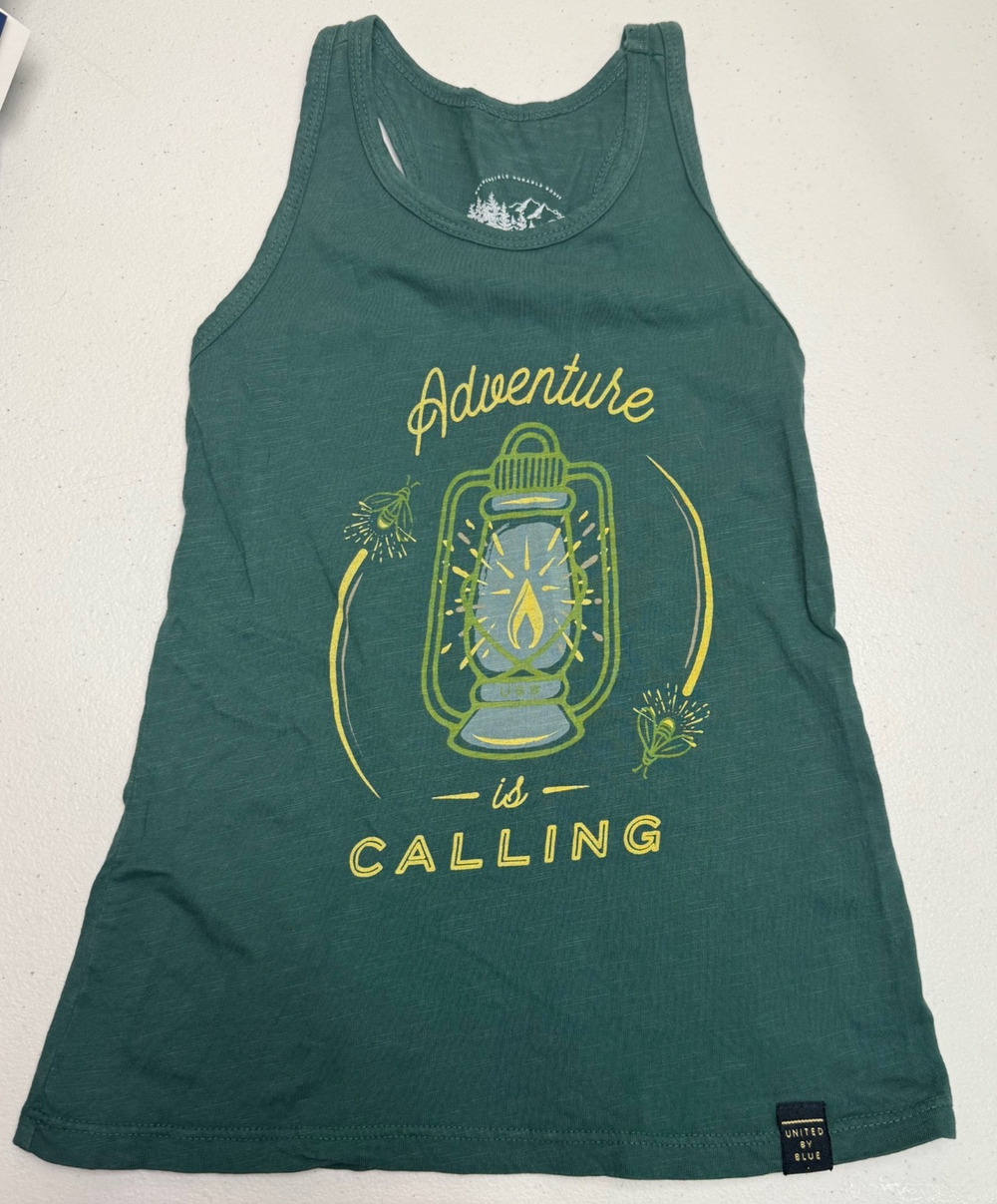 United By Blue Women's Organic Tank Top Adventure is Calling XXS Green Outdoors